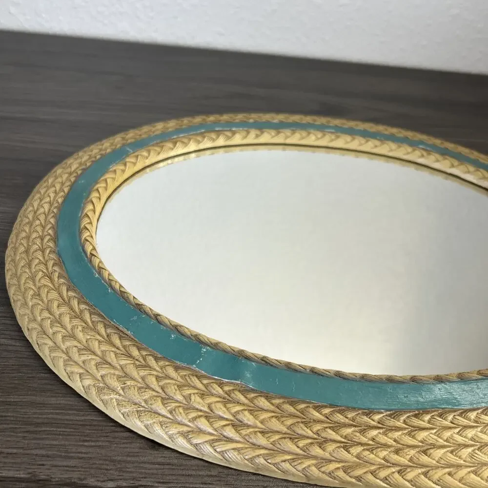 Vintage Burwood Faux Wicker Oval Mirror 2939 Teal Ribbon USA Wall Cottagecore